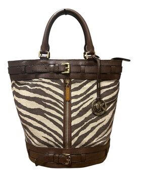 Michael Kors Kingsbury Zebra Striped Canvas Bucket Tote Bag